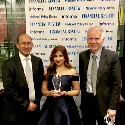 Pictured from left to right:  UQ Chancellor Peter Varghese AO, BEL SET Director Rhea Jain and UQ Provost Professor Aidan Byrne.